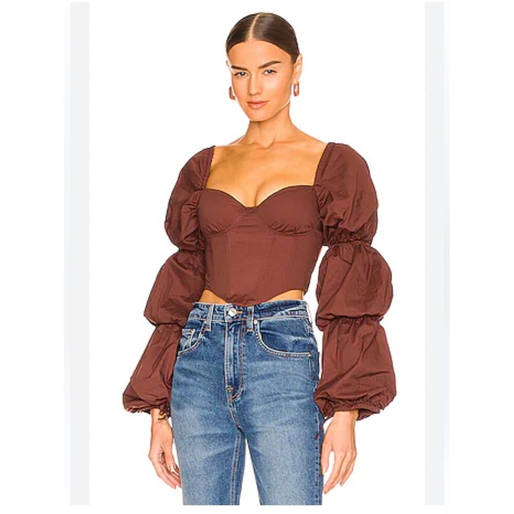 MAJORELLE Brown Corset Top with Voluminous Puff Sleeves